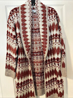 SUSINA Geometric Cardigan in Red & Cream Size Medium NWT